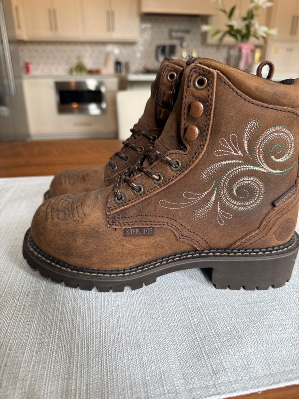 Steel Blue Brown Leather Embroidered Work Boots